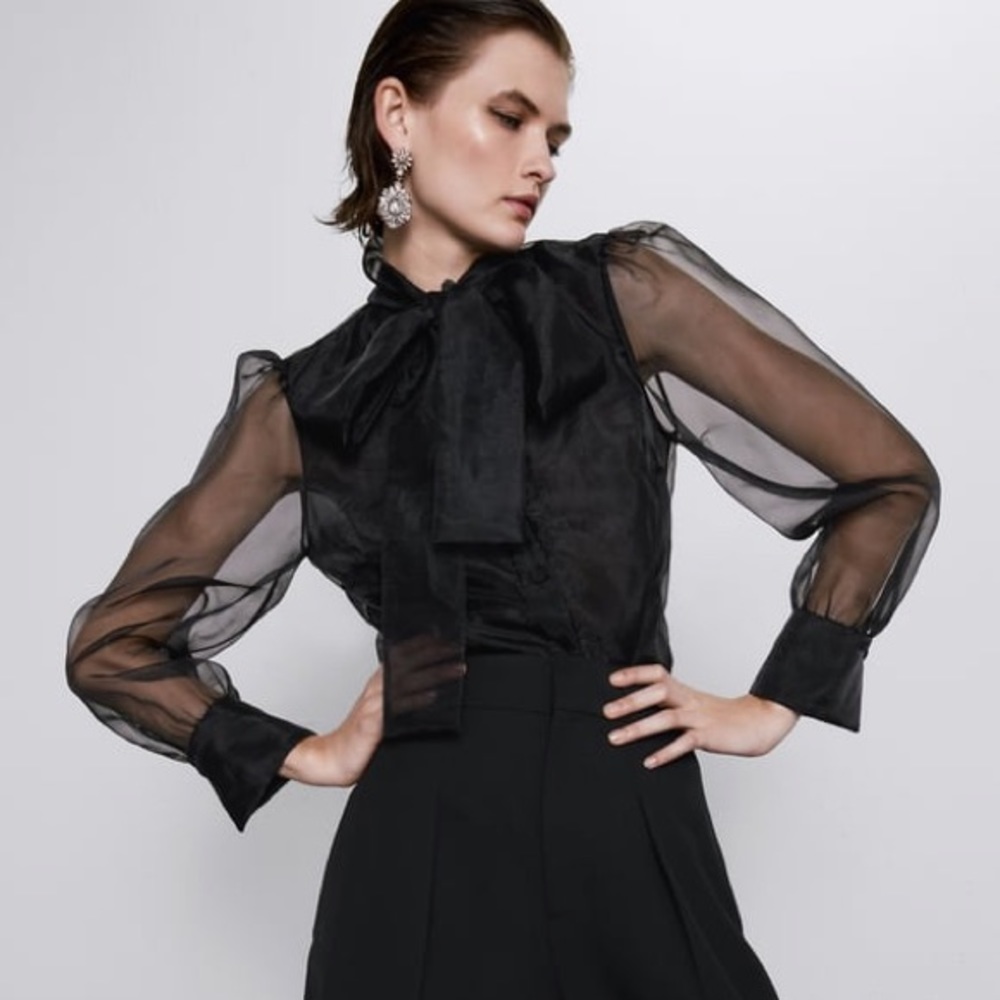 Zara Black Organza Blouse with Tie Neck